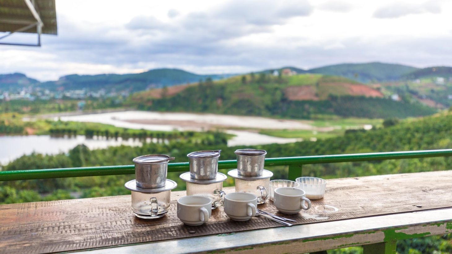 Traditional Vietnamese coffee and spectacular view of the moutain